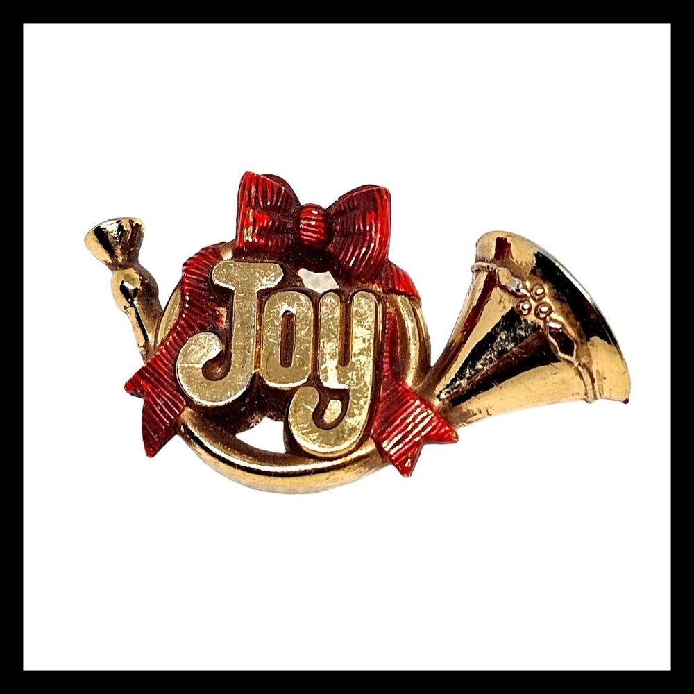 Hallmark Joy French Horn Brooch Pin Vintage 1983 Christmas Gold Tone